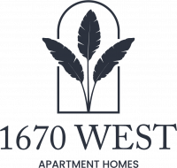 Three palm leaves in an arch above the text “1670 WEST APARTMENT HOMES” in a modern, serif font.